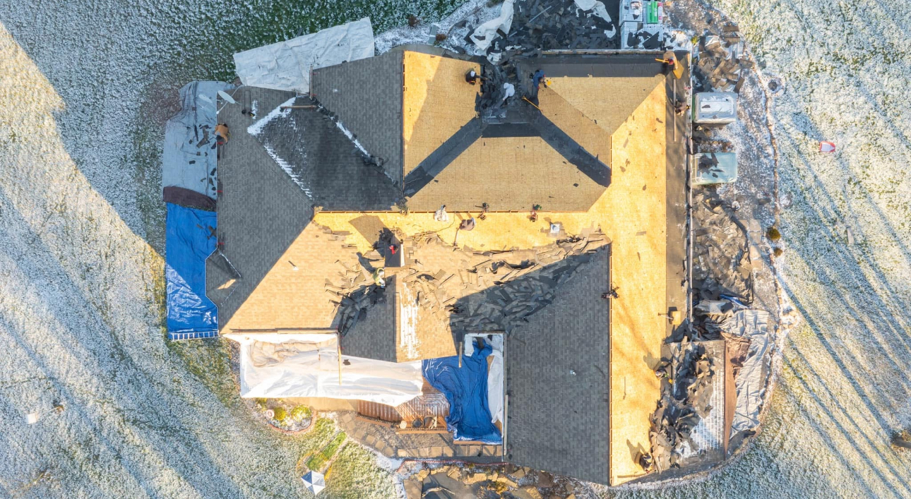 Aerial view - roof replacement in progress