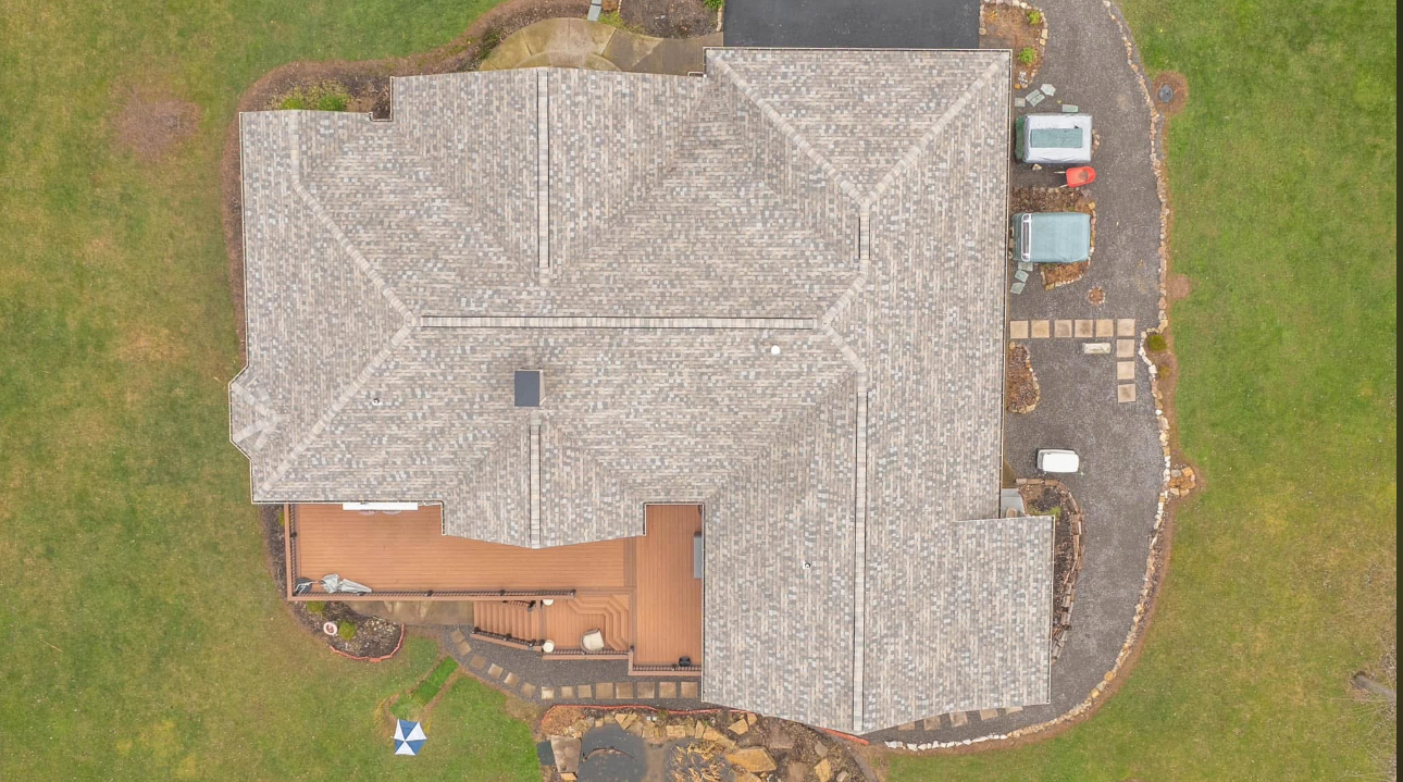 Aerial view - completed complex shingle roof